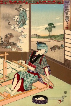 Toyohara Chikanobu Painting - Nijushi ko mitate e awase depicts a woman weaving Toyohara Chikanobu